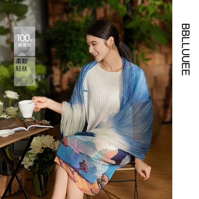 BBLLUUEE粉蓝衣橱商场同款2026夏装诗艺东方桑蚕丝女士丝巾式披肩