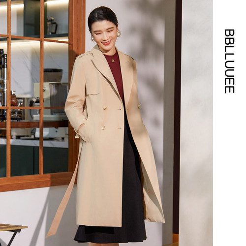 经典通勤中长款风衣粉蓝衣橱