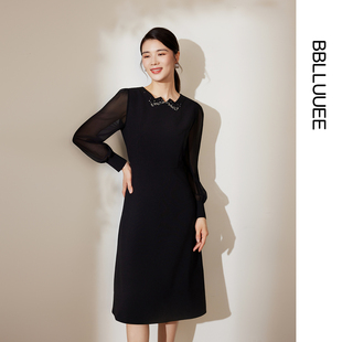 【朦胧纱袖】BBLLUUEE/粉蓝衣橱2025秋装新款法式优雅钉珠连衣裙