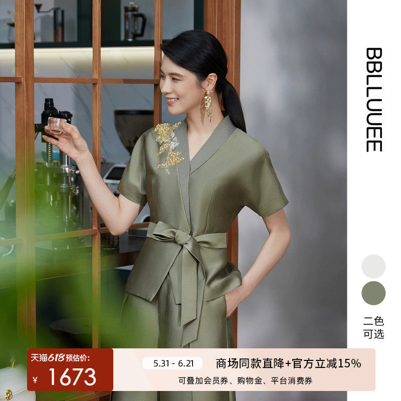 粉蓝衣橱商场同款2026春夏轻奢印度丝刺绣雅致新中式短袖女短外套