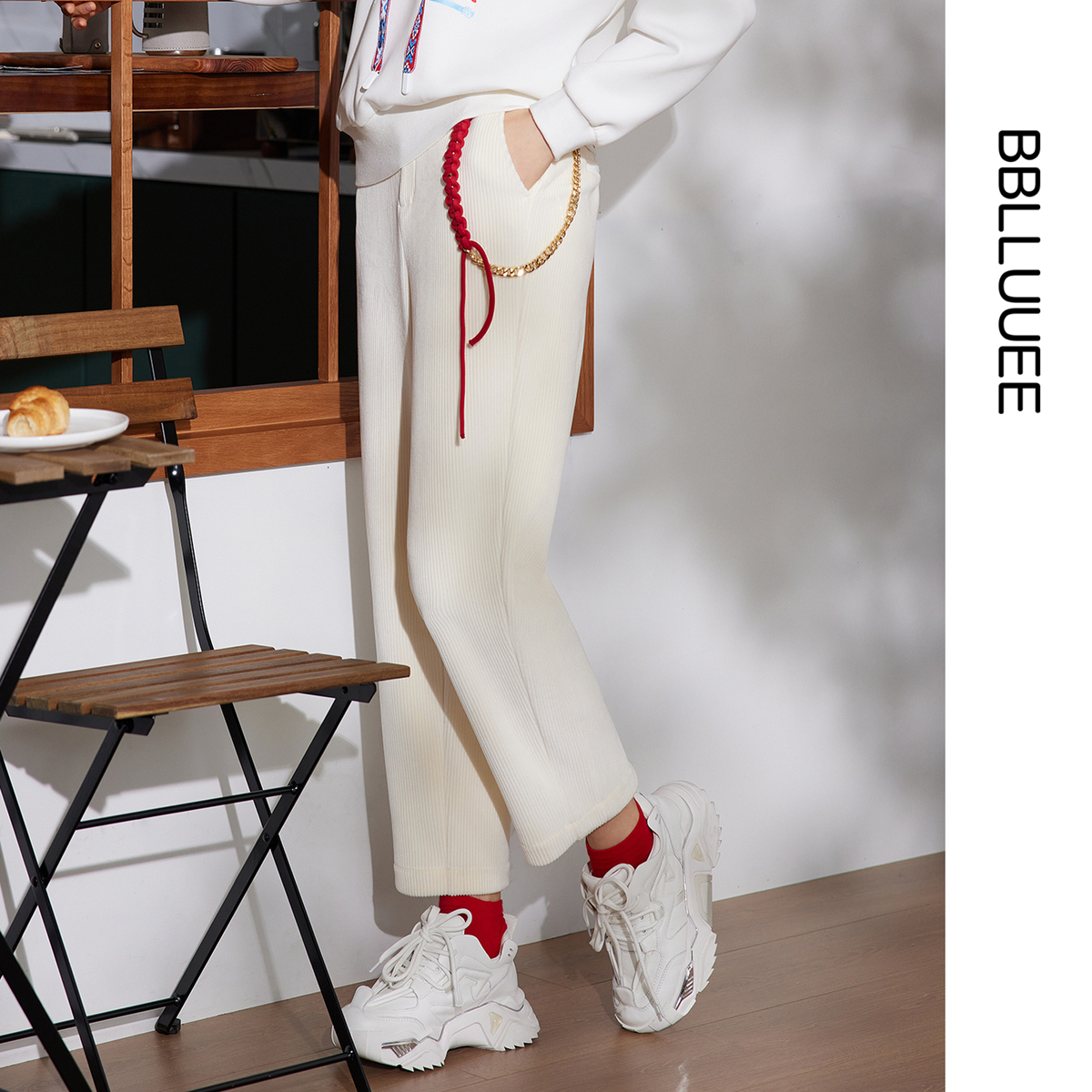 商场同款 暖白新中式 灯芯绒直筒裤