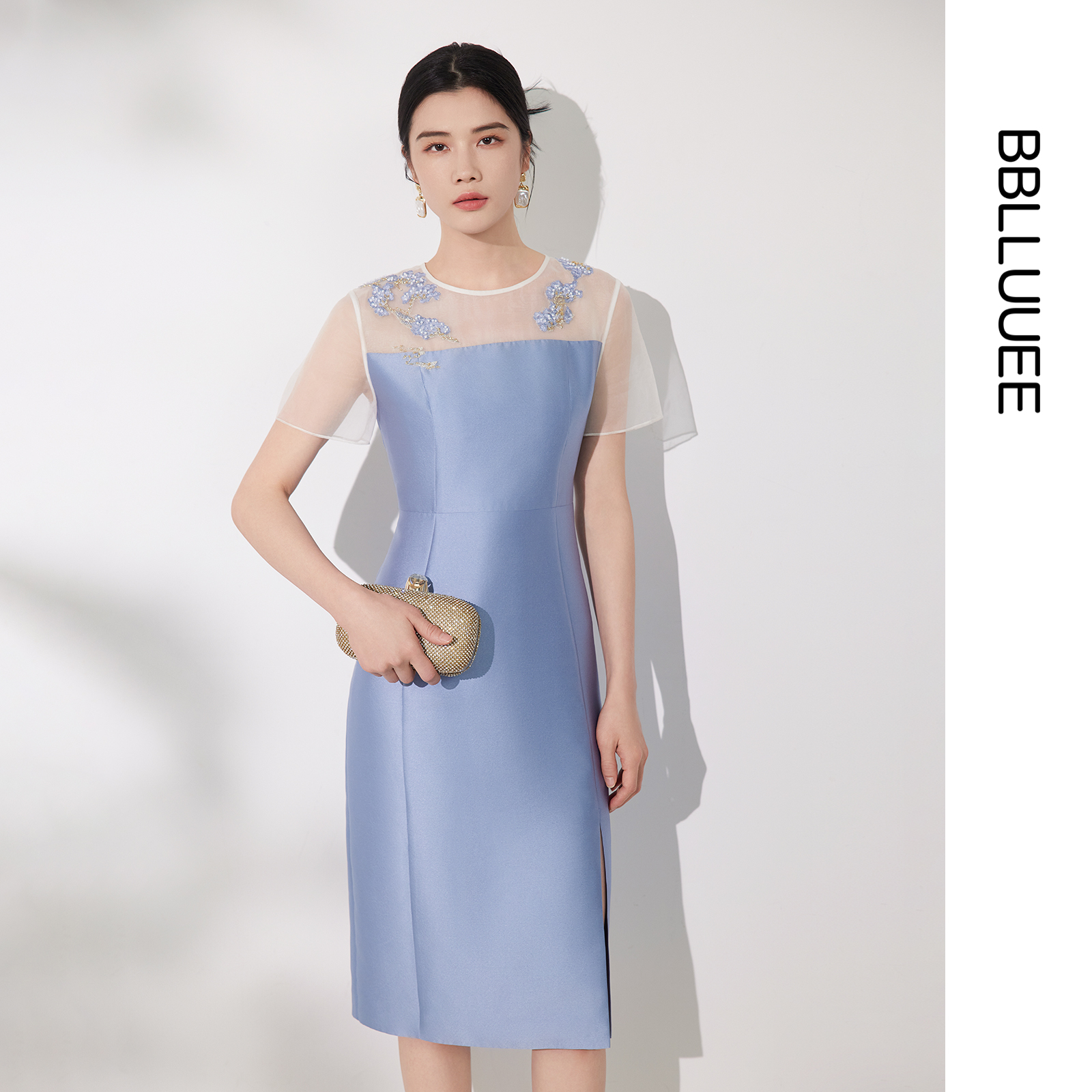 BBLLUUEE/粉蓝衣橱东方感刺绣轻礼服裙女2025夏装光感拼接连衣裙