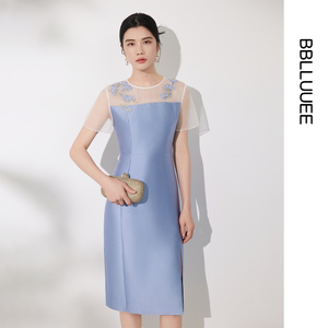 BBLLUUEE/粉蓝衣橱东方感刺绣轻礼服裙女2026夏装光感拼接连衣裙