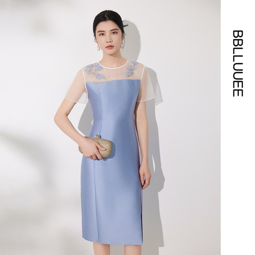 BBLLUUEE/粉蓝衣橱东方感刺绣轻礼服裙女2026夏装光感拼接连衣裙