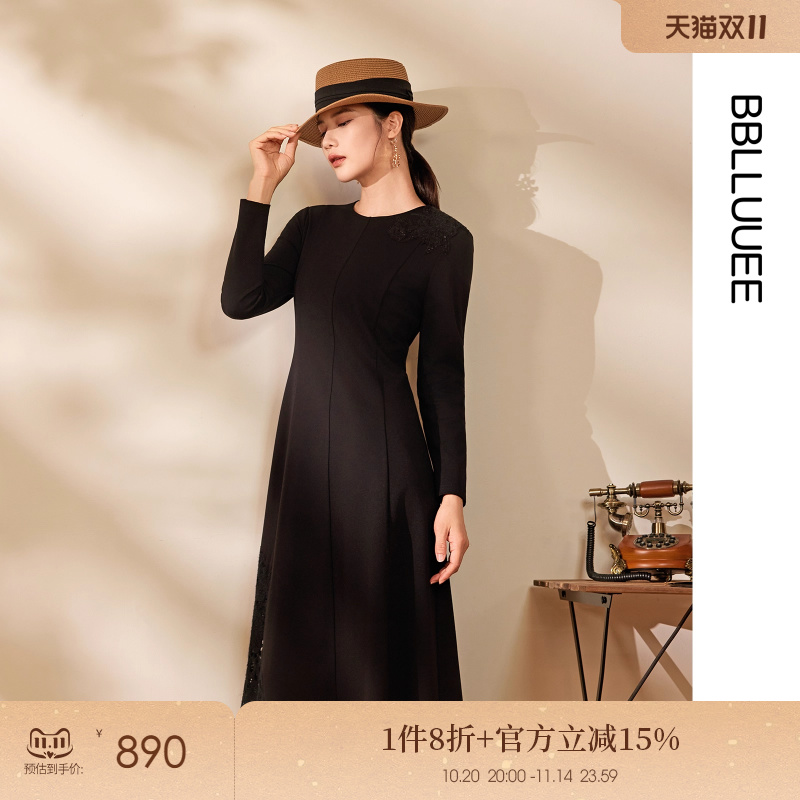 【雅致小黑裙】BBLLUUEE粉蓝衣橱2025秋冬新款贴花蕾丝针织连衣裙