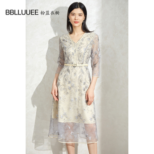 粉蓝衣橱东方雅致银丝蕾丝裙女春夏收腰撞色拼接设计感短袖 连衣裙