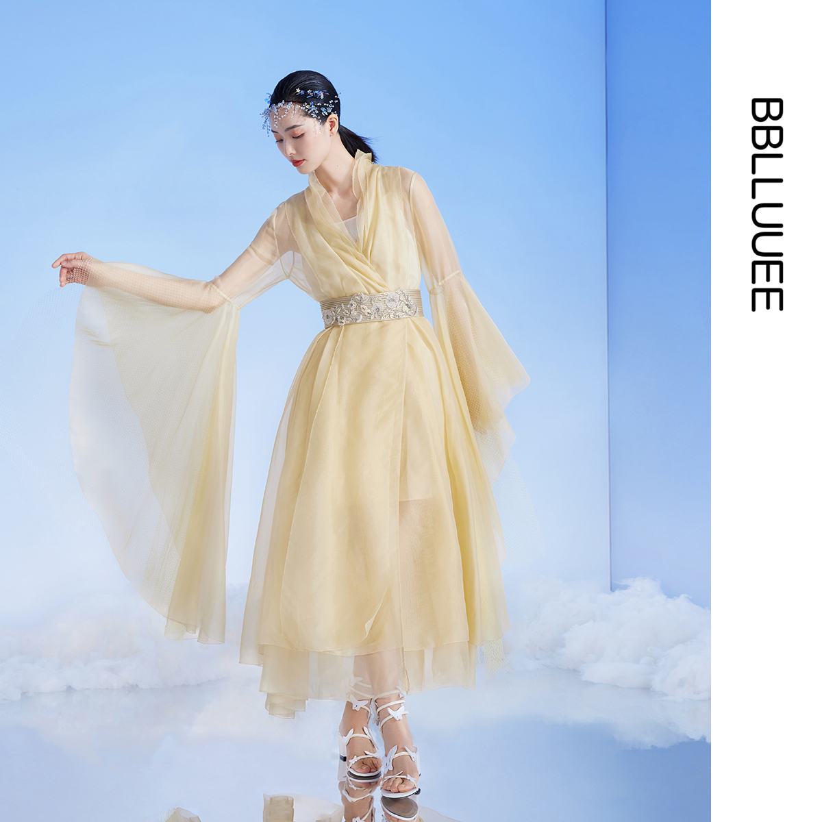 【高定国风改良汉服裙】BBLLUUEE粉蓝衣橱桑蚕丝喇叭袖礼服连衣裙