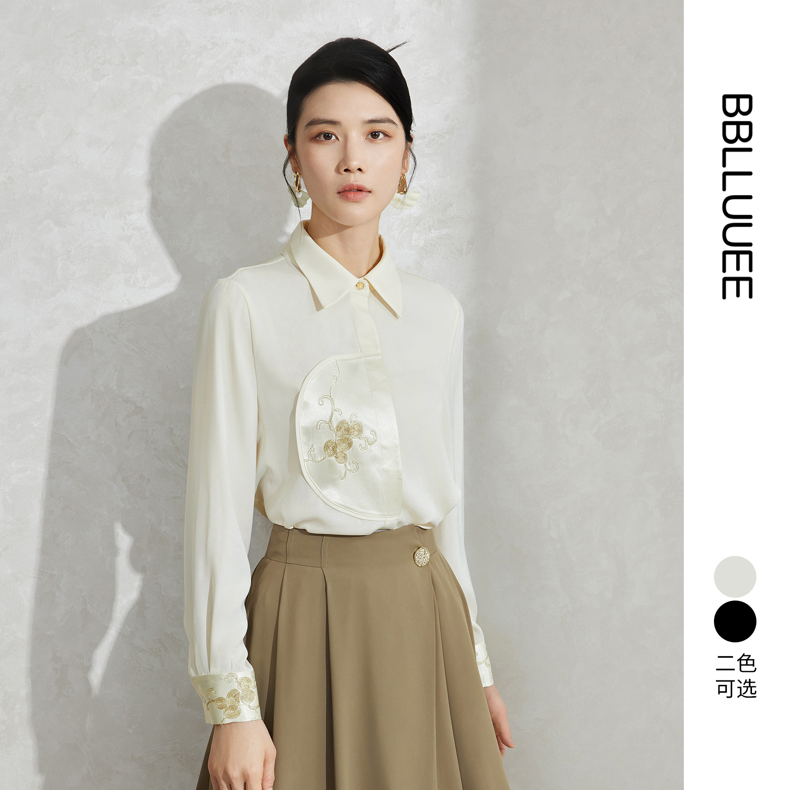 国风缎面衬衫 拼接刺绣衬衣