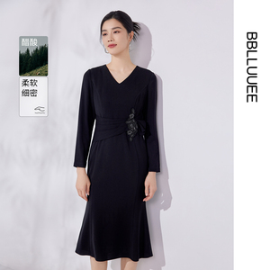 BBLLUUEE/粉蓝衣橱奢华鱼尾钉钻醋酸礼服裙女2026秋新款V领连衣裙