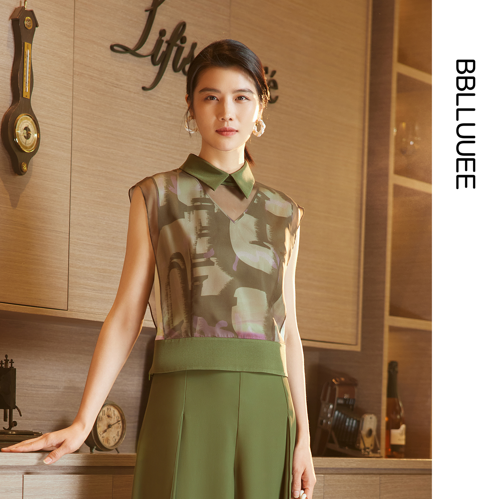 商场同款 东方感艺术印花 假两件小盖袖衬衫