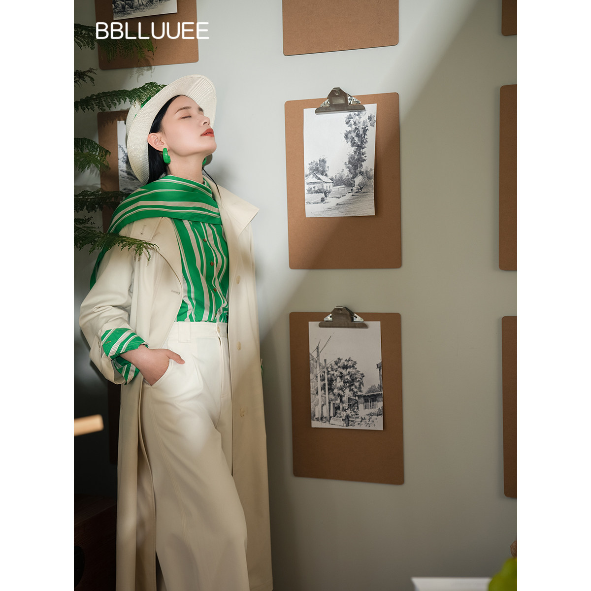 BBLLUUEE粉蓝衣橱2026春秋女装简约气场中长款杏色风衣单排扣外套