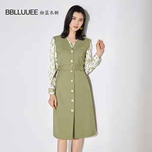 新款 BBLLUUEE 外套女2025秋装 V领无袖 单排扣绿色马甲 粉蓝衣橱中式