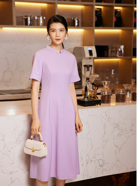 【悦己前行】BBLLUUEE粉蓝衣橱2025夏装新款中式小立领短袖连衣裙