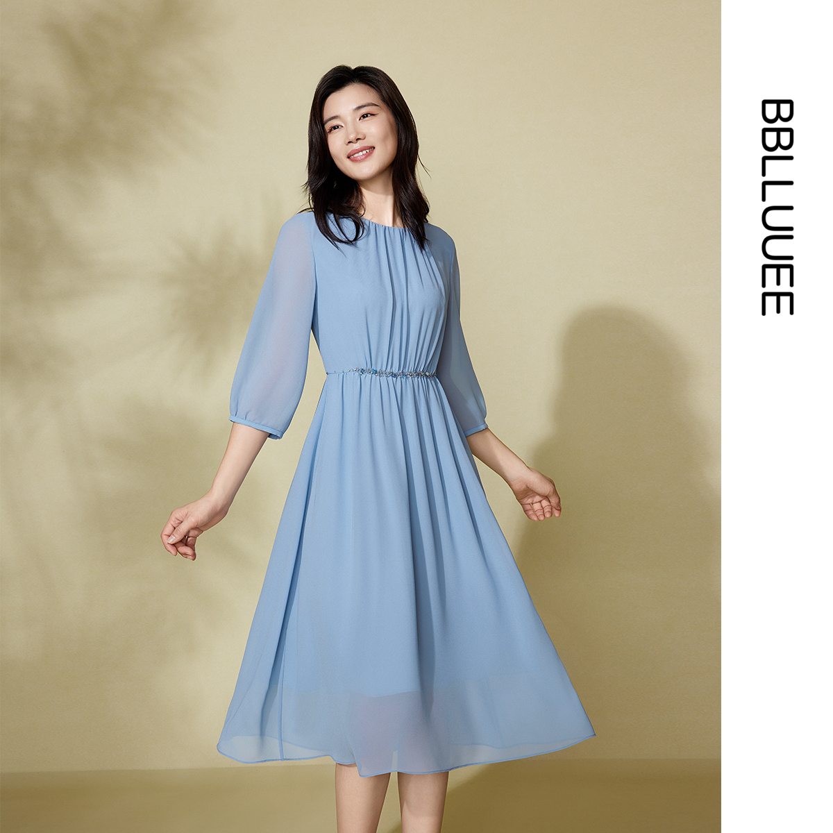 【轻纱舞】BBLLUUEE/粉蓝衣橱2025夏装新款钉珠浪漫飘逸连衣裙女