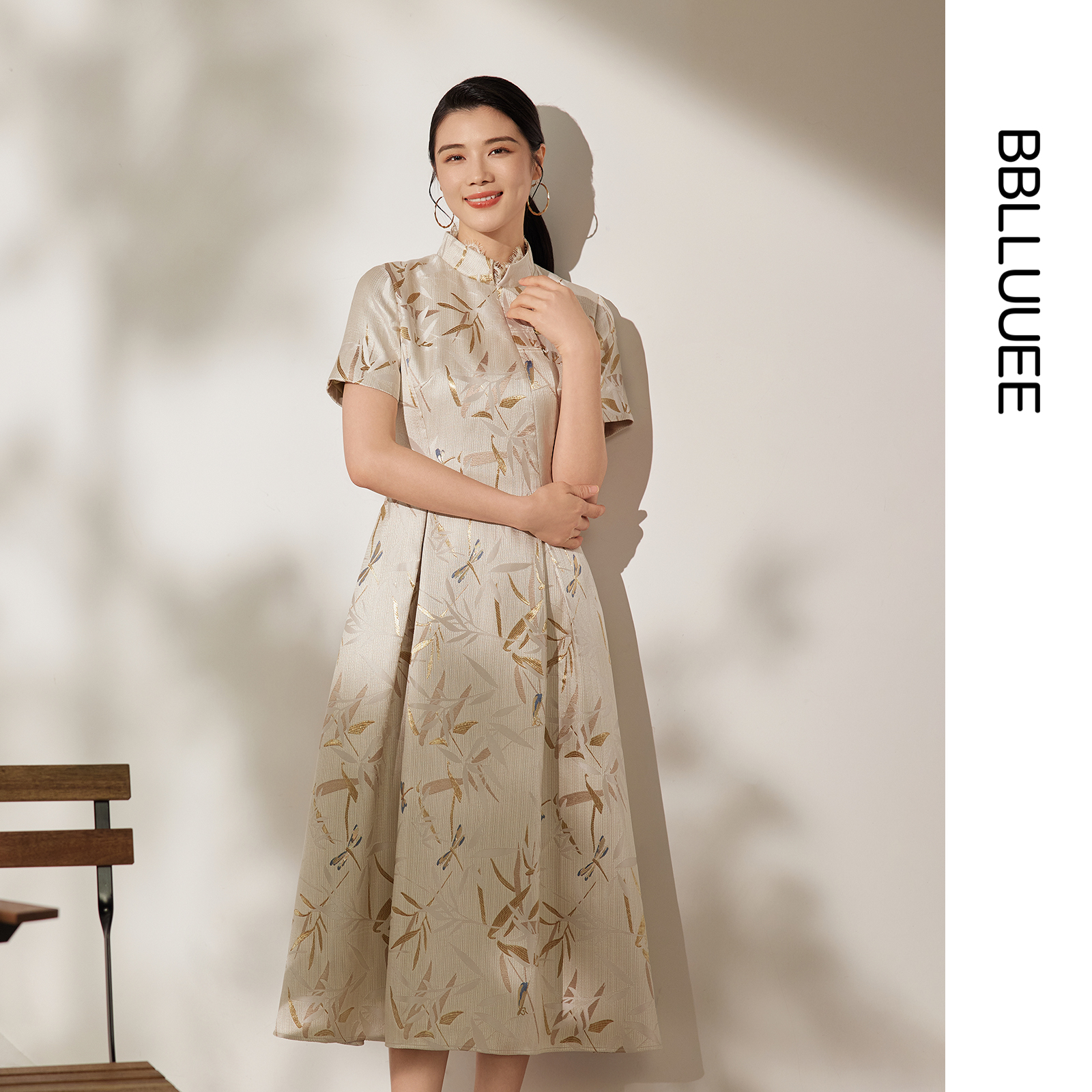 商场同款 东方改良中式提花 立领礼服连衣裙