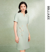 轻奢手工钉珠 粉蓝衣橱国风感旗袍裙2025夏装 新款 短袖 连衣裙女