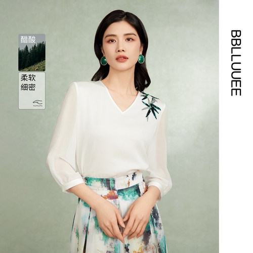 商场同款 东方感刺绣醋酸上衣 白色小衫