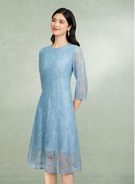 BBLLUUEE粉蓝衣橱2025春夏装繁花之梦优雅蕾丝钉珠七分袖连衣裙女