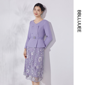 粉蓝衣橱重工绣花蕾丝连衣裙女2026年春装新款假两件气质礼服套裙