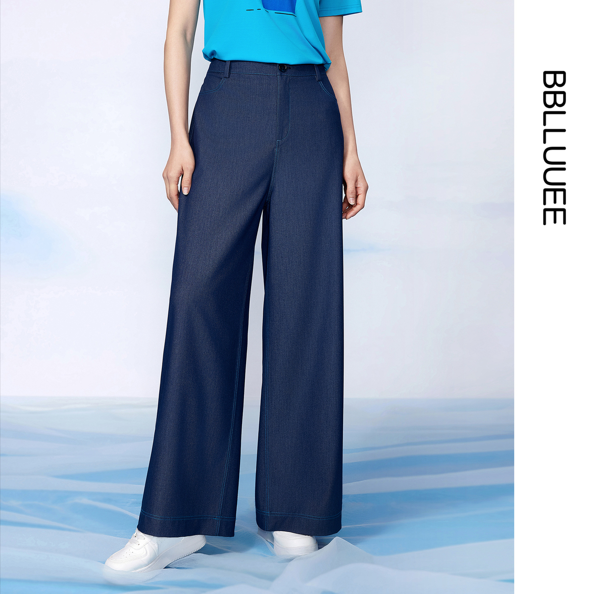 【蓝烟引】BBLLUUEE/粉蓝衣橱2025夏装新款轻柔垂感牛仔阔腿裤女