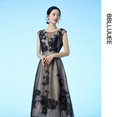 手工贴花高定礼服 粉蓝衣橱华丽蕾丝拼接褶皱设计高定连衣裙女