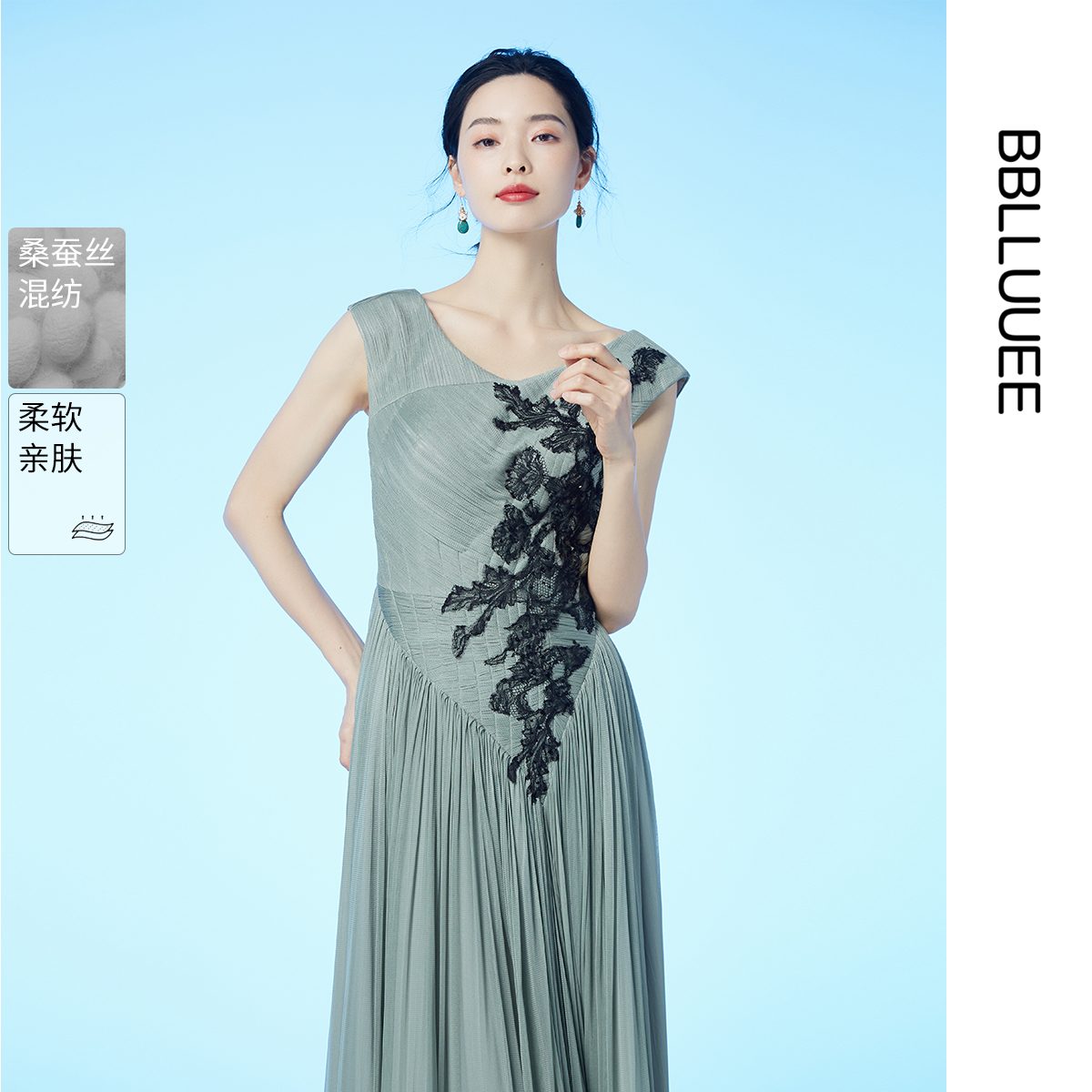 【复古重工礼服裙】粉蓝衣橱桑蚕丝艺术贴花捏褶大Vl领礼服连衣裙