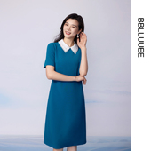 撞色衬衫 领 BBLLUUEE 粉蓝衣橱2025夏装 奢雅钉珠直筒连衣裙女