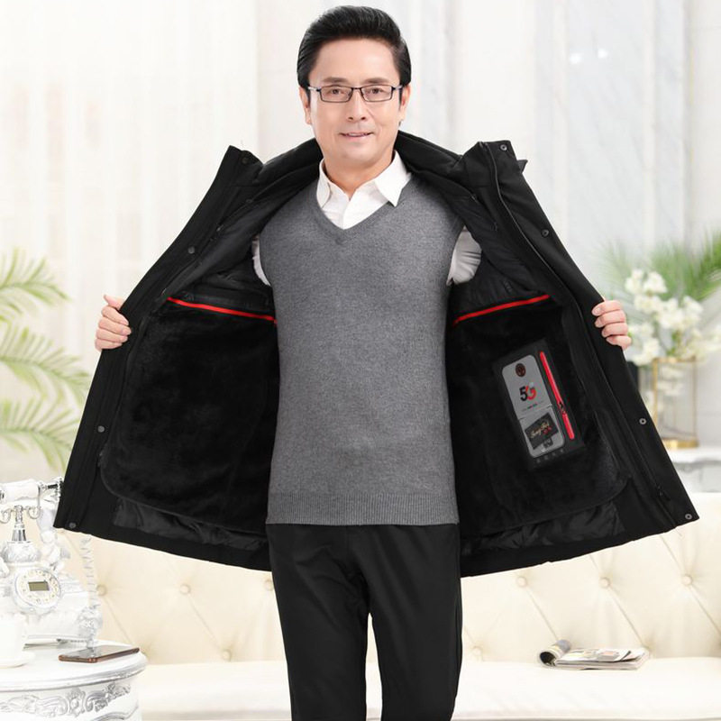 男中老年中长款加绒加厚连帽爷爷爸爸装可脱卸内胆棉服棉衣棉袄男