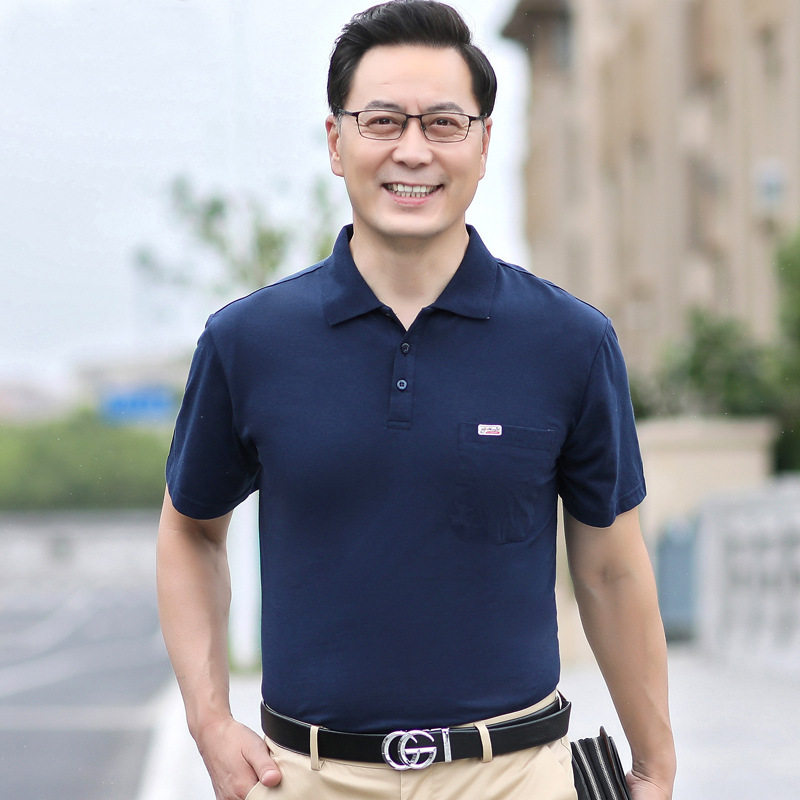 夏季短袖t恤男装翻领中老年人衫纯色商务简约半袖免烫休闲老人T恤