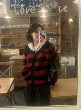 ifbeer20羊毛粗针条纹毛衣翻领宽松拉链针织衫开衫外套女ins冬韩