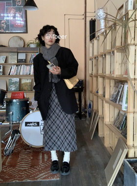 清仓！ifbeer灰色复古格子裙高腰ins韩版半身裙秋冬长款女宽松