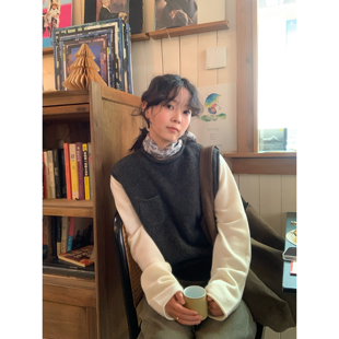 ifbeer羊毛灰色卷边套头圆领针织背心马甲宽松上衣短款女韩版秋冬