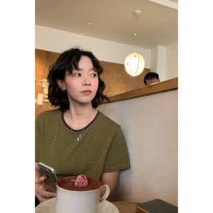 chic ins风女上衣夏季 ifbeer绿色圆领条纹撞色短袖 T恤宽松复古韩版