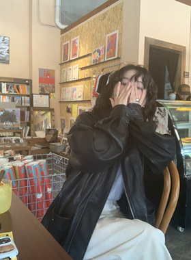 ifbeer古着感黑色皮衣外套中长款复古宽松西装上衣女ins韩秋冬