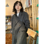 ifbeer50羊毛深灰色毛呢大衣夹棉长款 厚外套宽松双排扣复古冬季 女