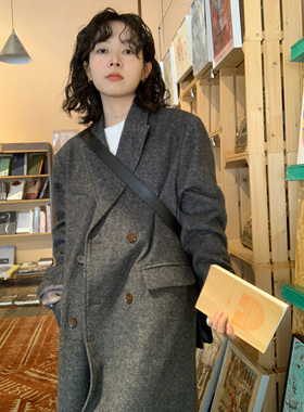 ifbeer50羊毛深灰色毛呢大衣夹棉长款厚外套宽松双排扣复古冬季女