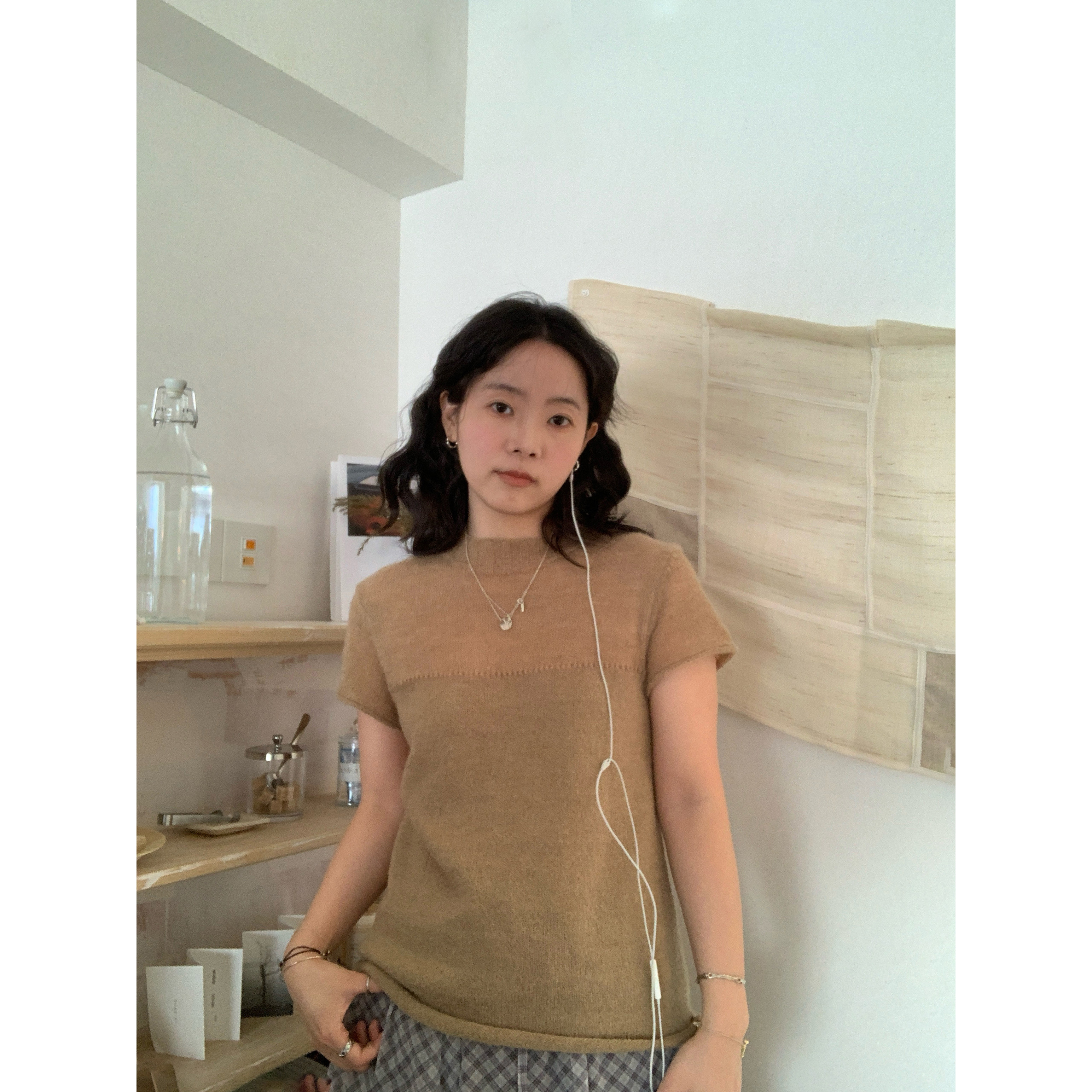 ifbeer 芥末黄韩系复古针织镂空小飞袖短袖T恤ins春夏女上衣t