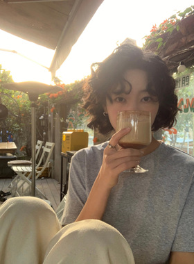 ifbeer舒适棉质chic灰色宽松复古韩版纯色ins风圆领短袖T恤女夏季