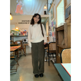 ifbeer抹茶绿色灯芯绒韩版高腰直筒阔腿休闲裤宽松女长裤复古秋冬