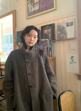 ifbeer双面呢子羊毛牛角扣大衣立领毛呢厚外套复古女宽松长款女