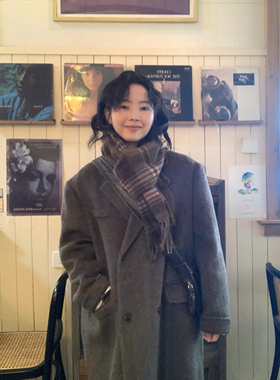 ifbeer双面呢双排扣羊毛手工大衣复古毛呢棕色外套宽松长款女秋冬