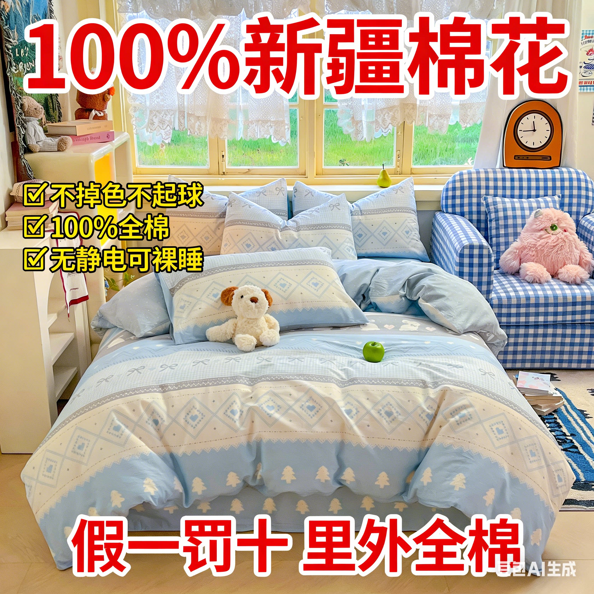 100%全棉三四件套季印花纯棉学生宿舍床单女孩床上用品单双人卡通