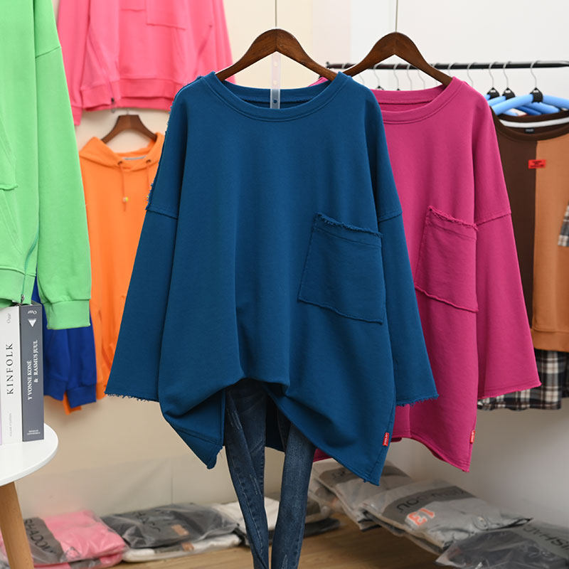 春装新款纯色口袋女t恤大码复古长袖2022孔雀蓝宽松韩版简约上衣