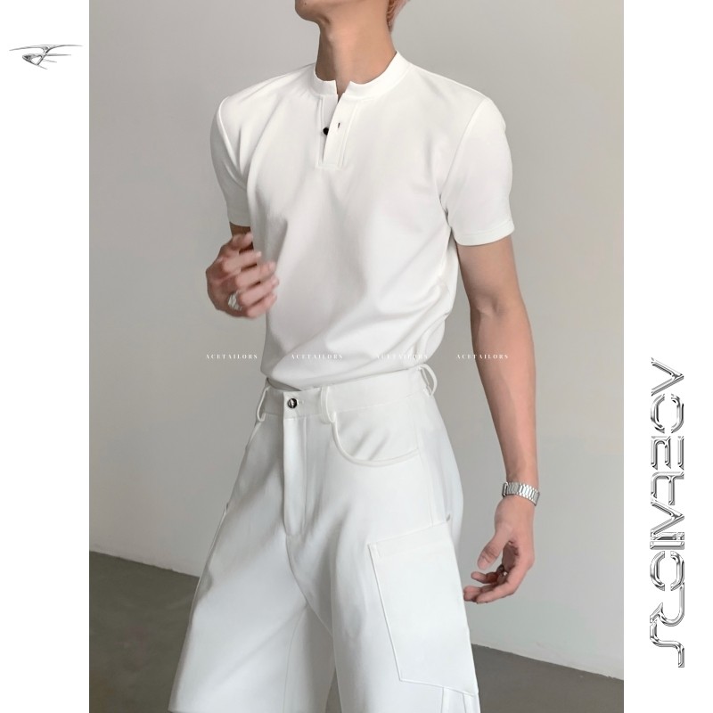 Ace Minimalist Old Money Style Solid Color Henry Collar T-Shirt Spring and Summer Cleanfit Cool and Handsome Slim Fit Regular Shoulder Top Base Shirt