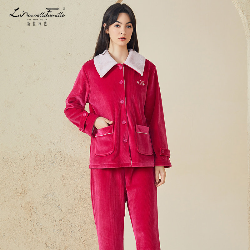 新世家族复合绒女士睡衣秋冬加绒加厚法兰绒加大码家居服套装冬季