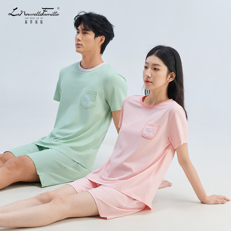 新世家族凉感纯棉情侣睡衣女套装短袖短裤抑菌夏季薄款家居服男