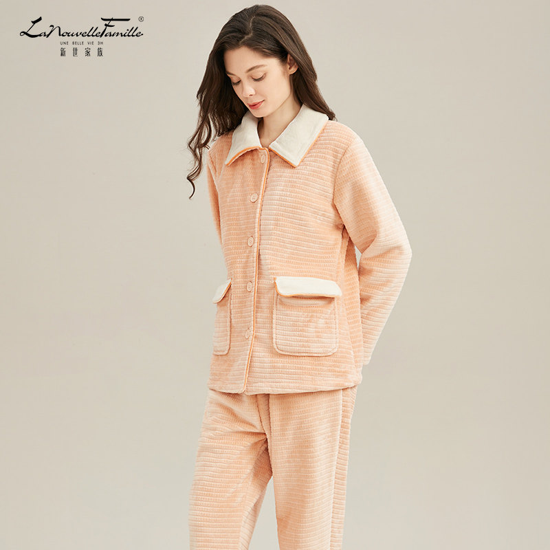 新世家族法兰绒女士睡衣秋冬加绒加厚珊瑚绒妈妈款家居服套装冬季