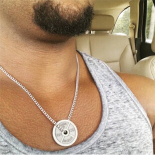个性霸气潮男李晨同款铜钱古币健身杠哑铃片刻字钛钢挂件吊坠项链