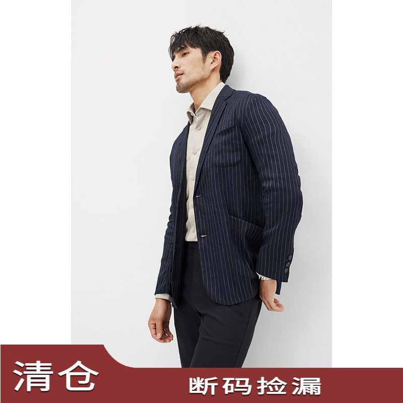 JSSD HOMME 马球款秋季休闲西服男商务修身条纹亚麻西装男外套