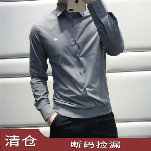 时尚微弹纯色休闲翻领修身衬衣衫